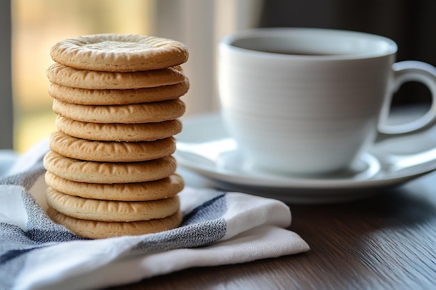 a stack of cookies with a cup of coffee on a table