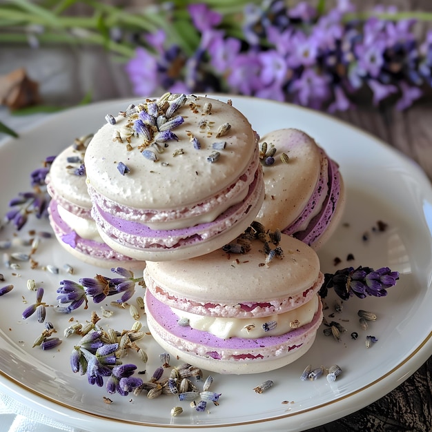 a stack of cookies with purple onions and purple flowers on a plate