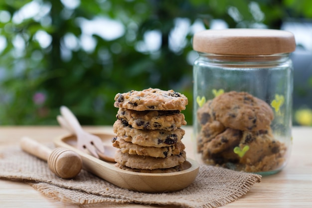 stack of cookies on wooden table.