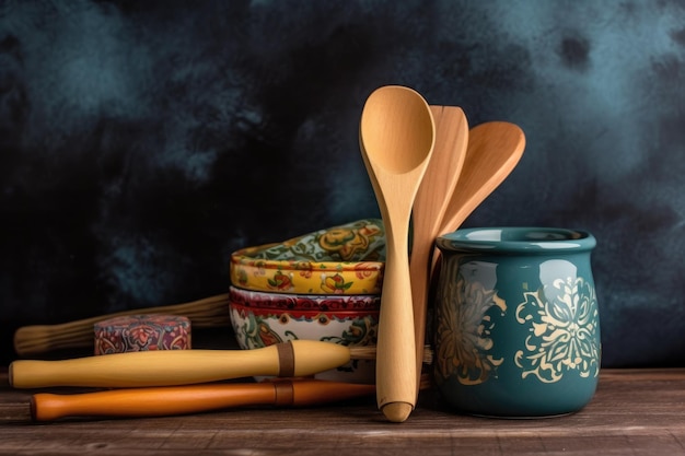 Stack of cooking utensils with wooden board and handpainted background created with generative ai