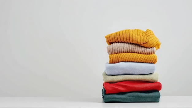 Stack of cotton colorful clothes on white table empty copy spaceClothing pile folded apparel