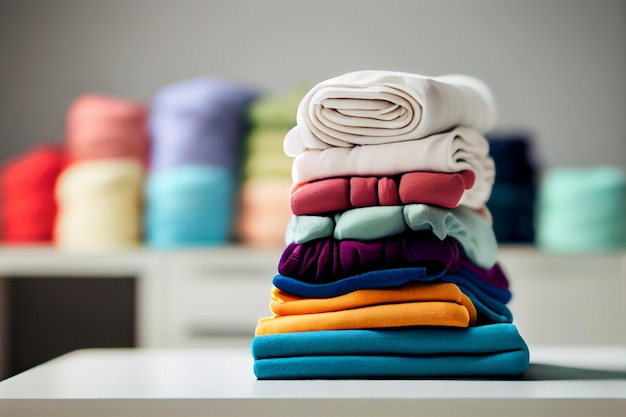 Stack of cotton and knitted colorful clothes on the table