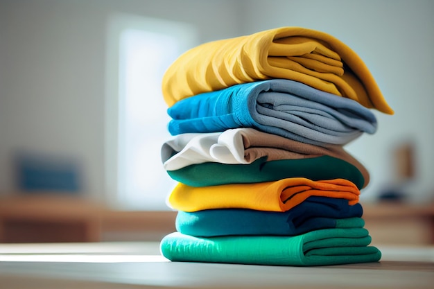 Stack of cotton and knitted colorful clothes on the table