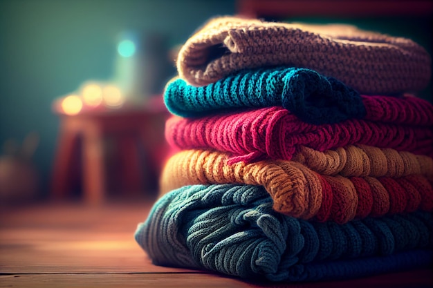 Stack of cotton and knitted colorful clothes on the table