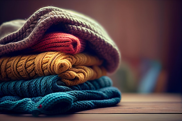 Stack of cotton and knitted colorful clothes on the table