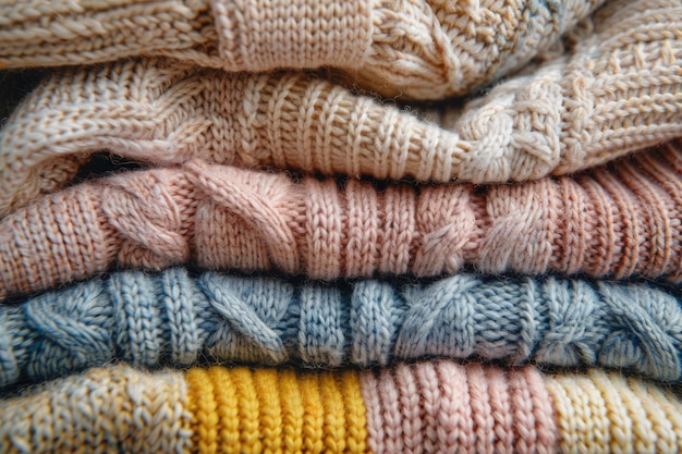 Stack of cozy pastel knit sweaters with various patterns