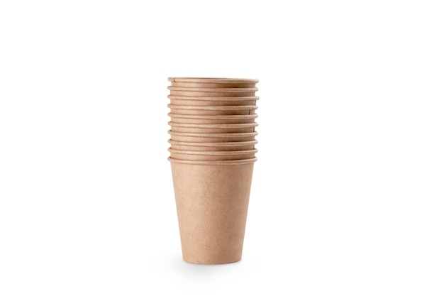 Stack of craft paper to to cups for coffee. Eco friendly take away cup. High quality photo