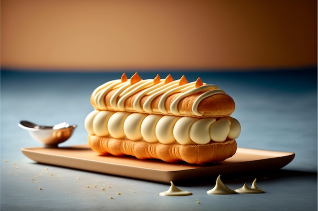 A stack of cream puff pastry with a spoon on the side.