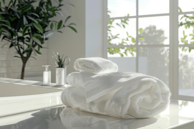 A stack of crisp white towels on a pristine marble counter with sunlight streaming through a window enhancing the serene spalike atmosphere