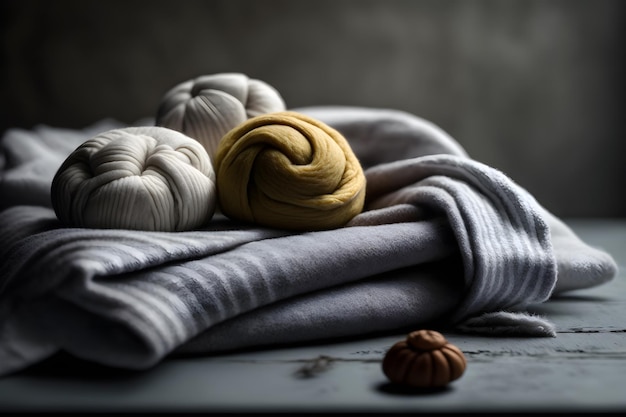 A stack of croissants and a knitted ball on top of a blue and white striped towel.