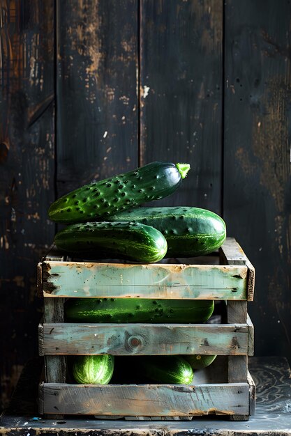 Photo a stack of cucumbers on top of a wooden crate