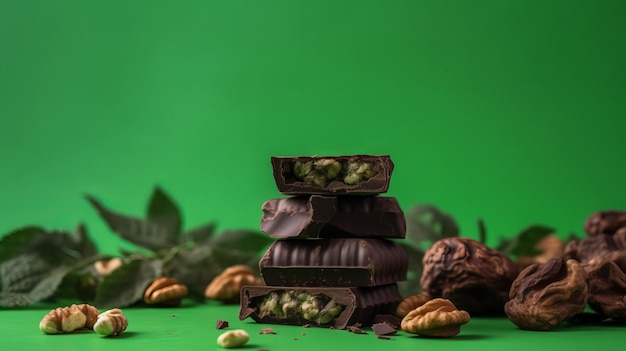 A stack of dark broken chocolate and walnuts on a color studio background