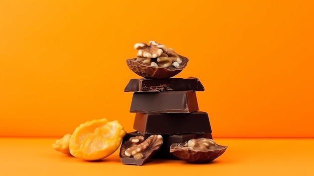 A stack of dark broken chocolate and walnuts on a color studio background