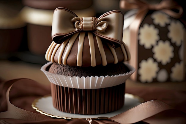 A stack of decadent chocolate cupcakes with a fondant bow on top ready to be served at a wedding cre