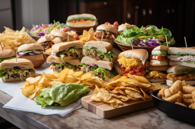 Stack of deli sandwiches and wraps with variety of fillings side salads and chips