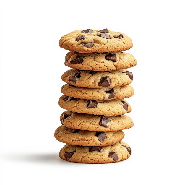 Photo stack of delicious homemade chocolate chip cookies isolated on a white background perfect for bakery or dessert projects