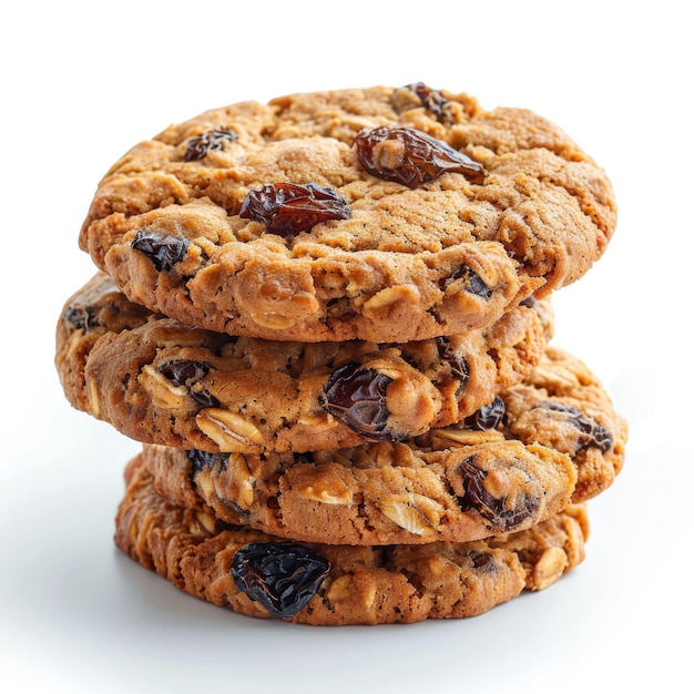 A stack of delicious oatmeal raisin cookies on a white background highlighting their texture and wholesome ingredients