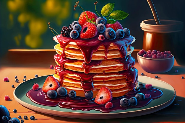 Stack of delicious pancakes with fruit drizzled with thick fragrant berry sauce