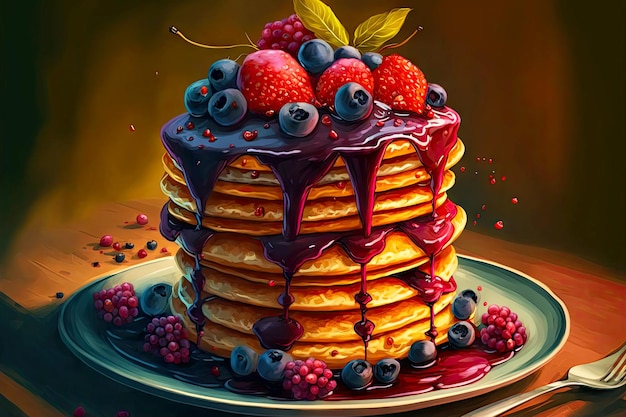 Stack of delicious pancakes with fruit drizzled with thick fragrant berry sauce