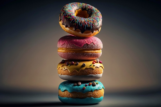 A stack of delicous donuts in front of a plain background that has been splashed with icing