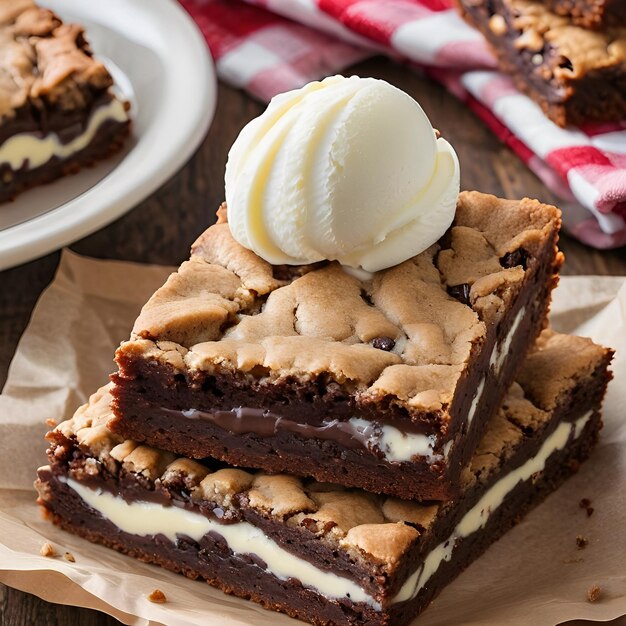 a stack of desserts including ice cream and chocolate