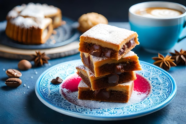 a stack of desserts on a plate with a cup of coffee in the background.