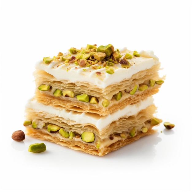 Stack Of Desserts With White Frosting And Pistachios