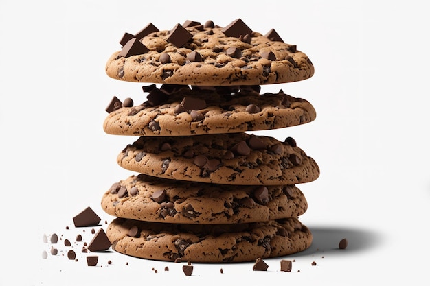 Stack of die cut dark chocolate chip cookies with crumbs in an isolated clipping path on a white backdrop in a close up scrumptious bakery shot