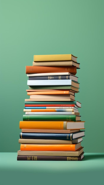 A stack of different colored books lying on a green background