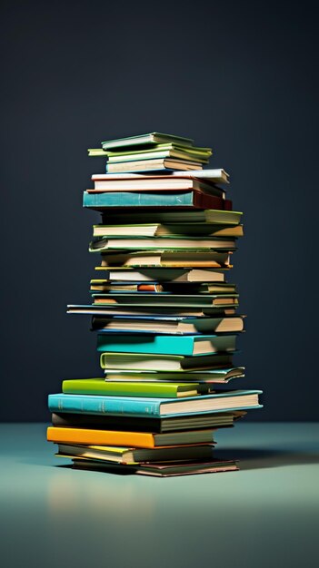 A stack of different colored books lying on a green background