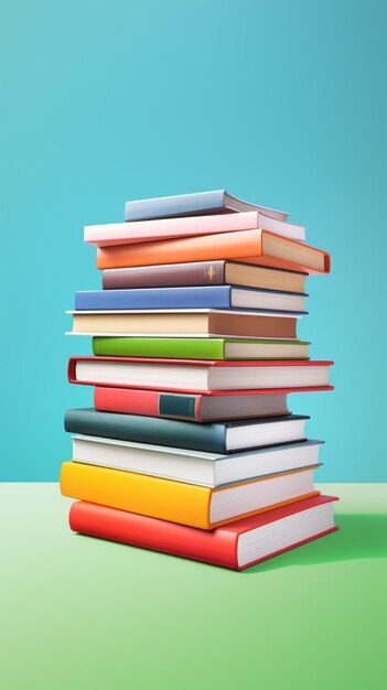 A stack of different colored books lying on a green background