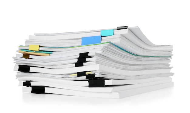 Stack of documents on white background