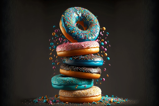 Stack of donuts with beaful glaze and sprinkles isolated on black background