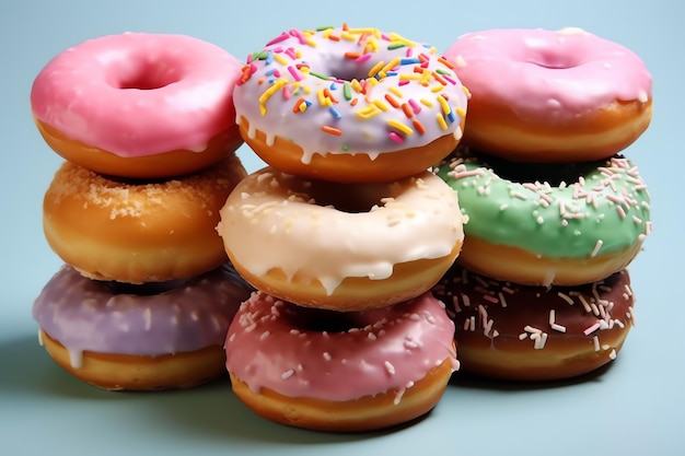 A stack of donuts with frosting and sprinkles