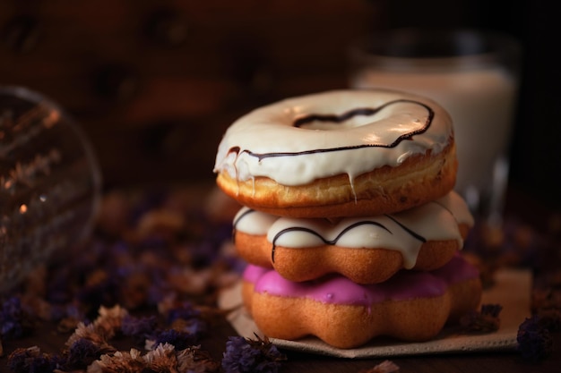 A stack of donuts with icing and a glass of milk on the table.