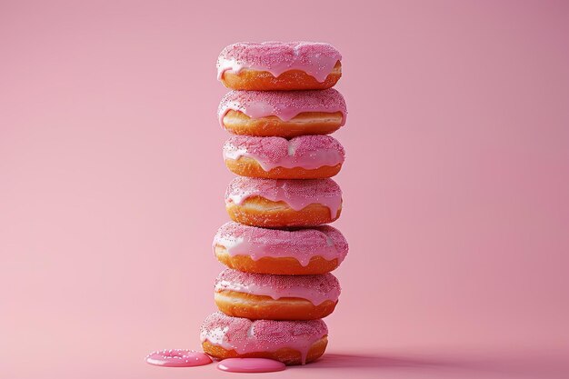 A stack of donuts with pink icing on a pink background