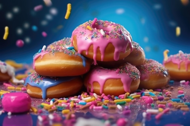 A stack of donuts with pink and purple sprinkles on top Generative AI