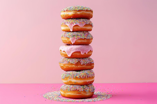 A stack of donuts with sprinkles on a pink background