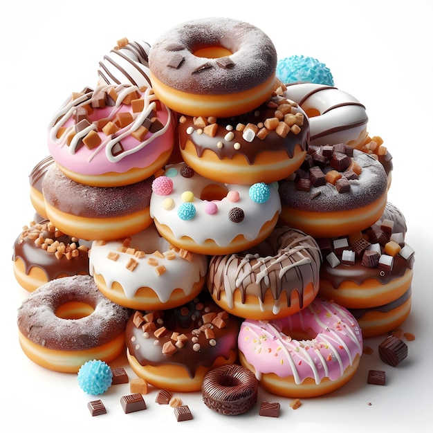 a stack of doughnuts with different flavors on them