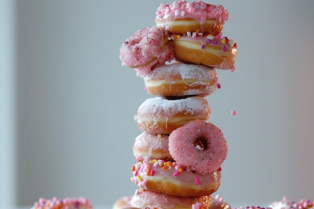 A stack of doughnuts with pink frosting and sprinkles