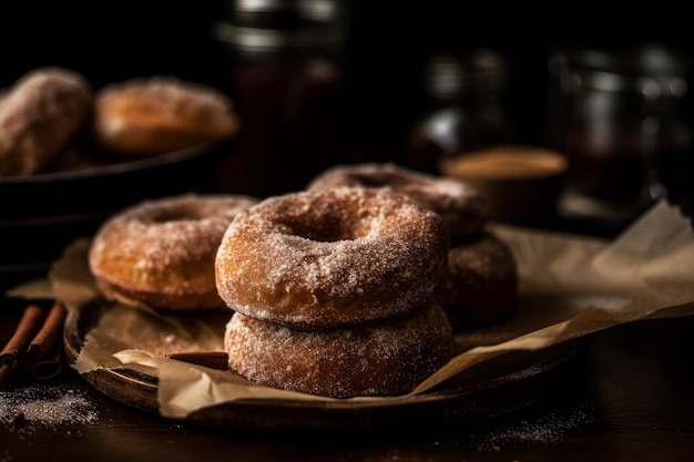 A stack of doughnuts with sugar on top