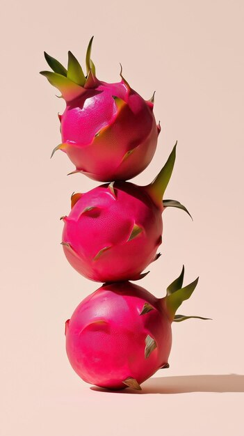 A stack of dragon fruit balancing on top with solid background