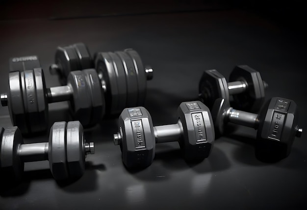 a stack of dumbbells are laying on a table