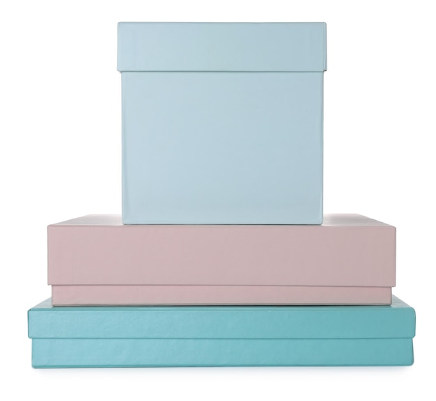 Stack of elegant gift boxes on white background