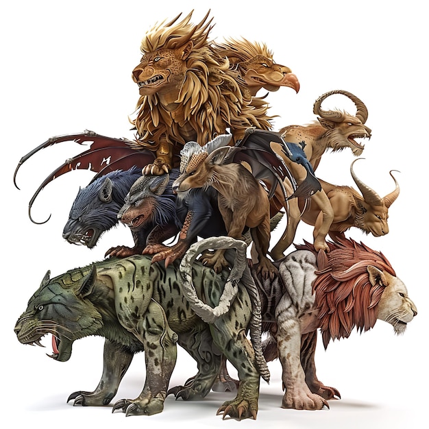 Photo a stack of fantasy creatures a tower of mythical beasts in a 3d illustration