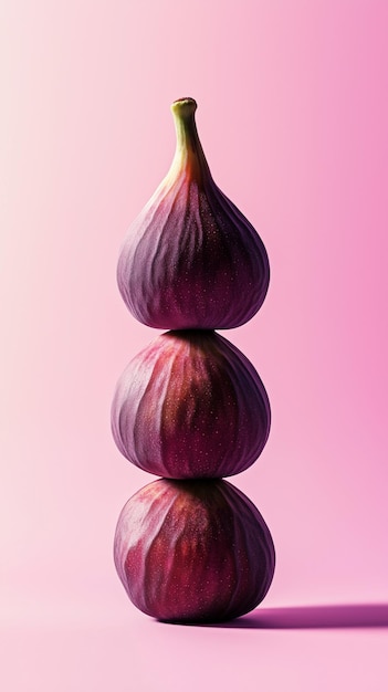 A stack of fig fruit balancing on top with solid background