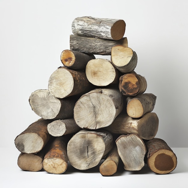 Photo a stack of firewood logs arranged in a triangular shape isolated against a white background