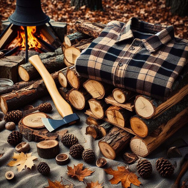 Photo a stack of firewood with an axe