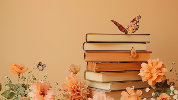 A stack of five books adorned with orange butterflies and surrounded by soft orange flowers