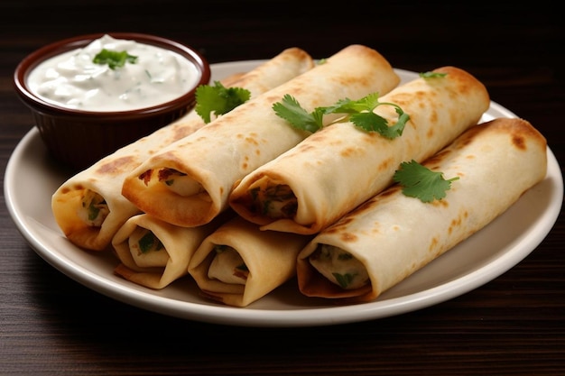 Stack of flautas with sour cream and chiv Mexican flautas image photography